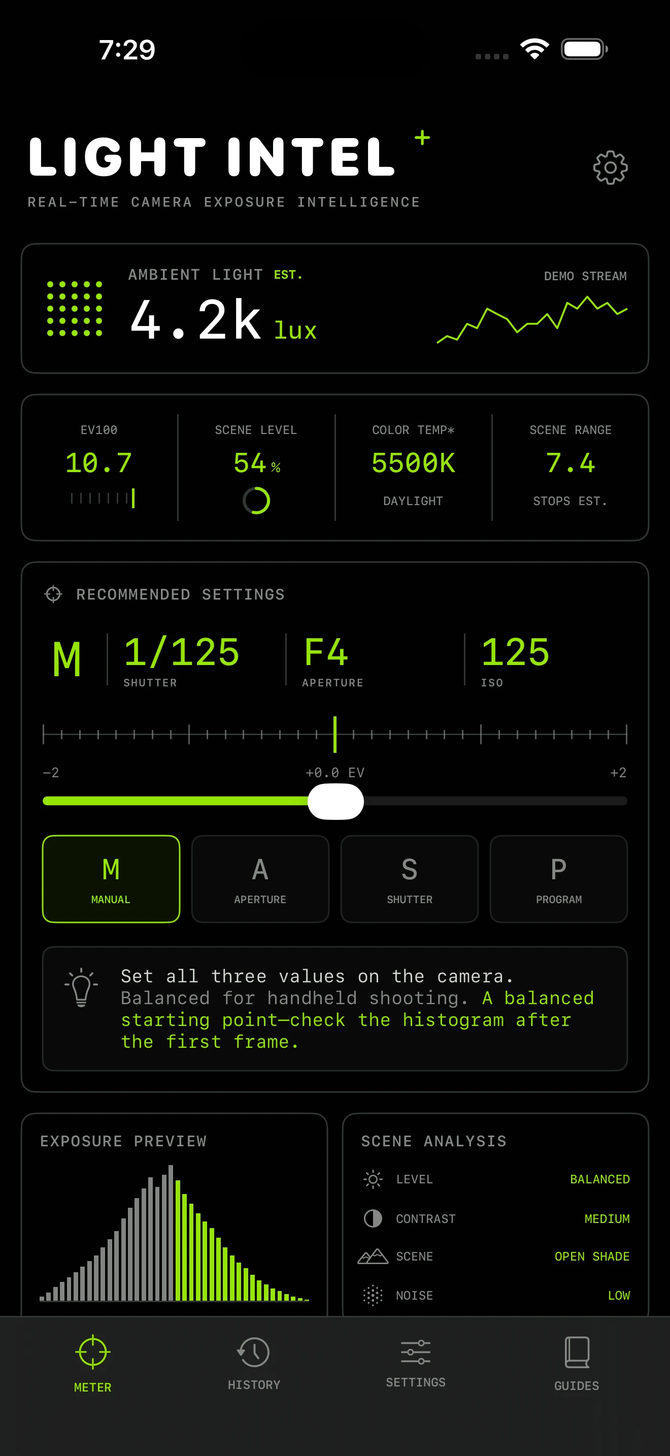 Light Intel live meter showing 342 lux and recommended manual exposure settings
