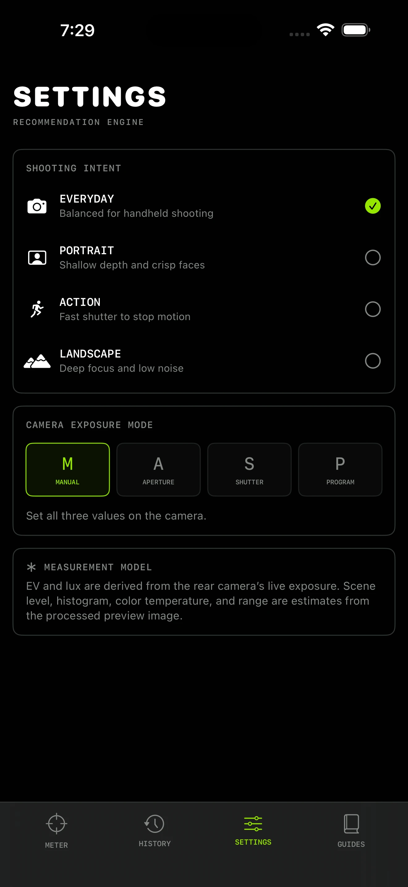 Measurement settings screen